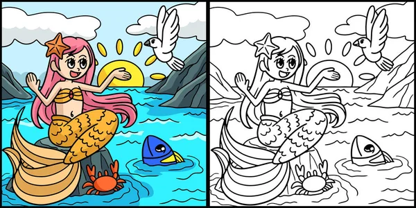 Coloring Page Shows Mermaid Sitting Rock One Side Illustration Colored — Stock Vector