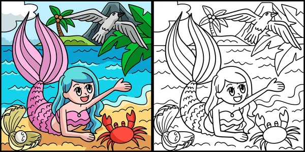 Coloring Page Shows Mermaid Beach One Side Illustration Colored Serves — Stock Vector