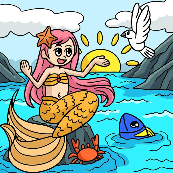 Cartoon Clipart Shows Mermaid Sitting Rock Illustration — Stock Vector