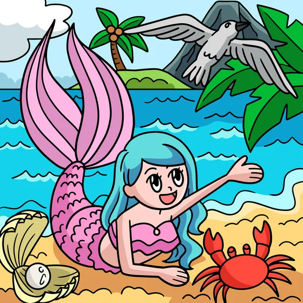 Dieses Cartoon Cliparts Zeigt Eine Winkende Meerjungfrau Strand Illustration — Stockvektor