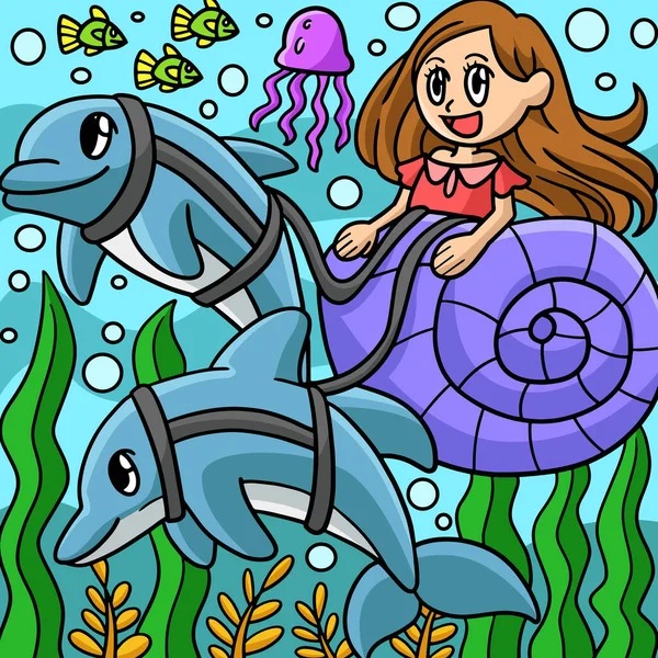Dieser Cartoon Clip Zeigt Eine Meerjungfrau Die Einer Muschel Reitet — Stockvektor