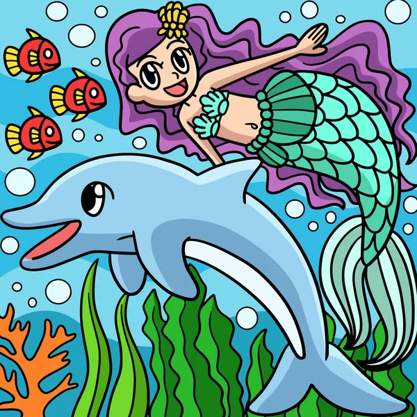 Dieses Cartoon Cliparts Zeigt Eine Schwimmende Meerjungfrau Und Delphin Illustration — Stockvektor