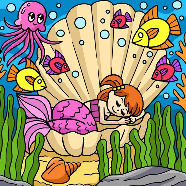 Dieser Cartoon Clip Zeigt Eine Meerjungfrau Die Einer Muschel Schläft — Stockvektor