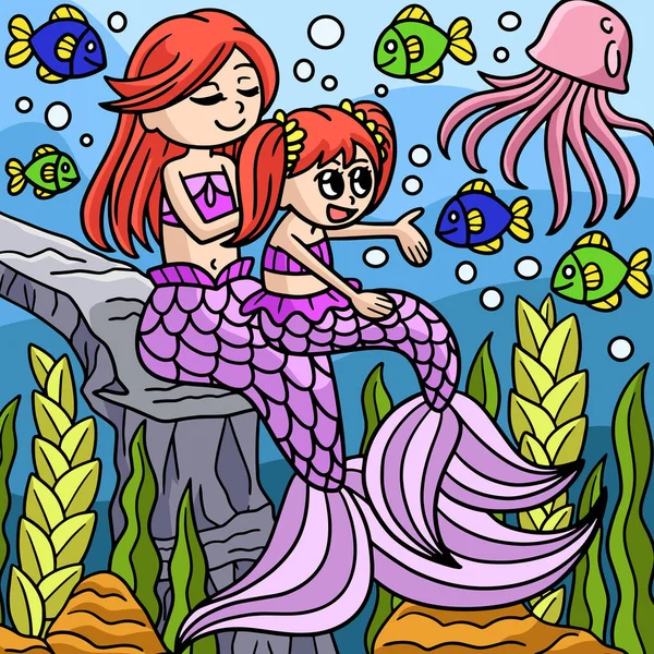 Dieser Cartoon Cliparts Zeigt Eine Mutter Und Tochter Meerjungfrau Illustration — Stockvektor
