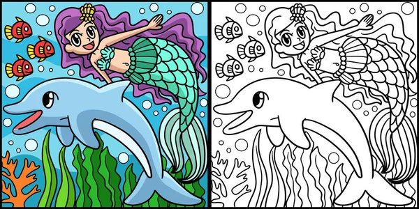 Coloring Page Shows Swimming Mermaid Dolphin One Side Illustration Colored — Stock Vector