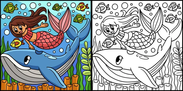 Coloring Page Shows Mermaid Whale One Side Illustration Colored Serves — Stock Vector