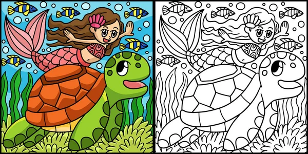 Diese Malseite Zeigt Eine Meerjungfrau Und Eine Schildkröte Eine Seite — Stockvektor