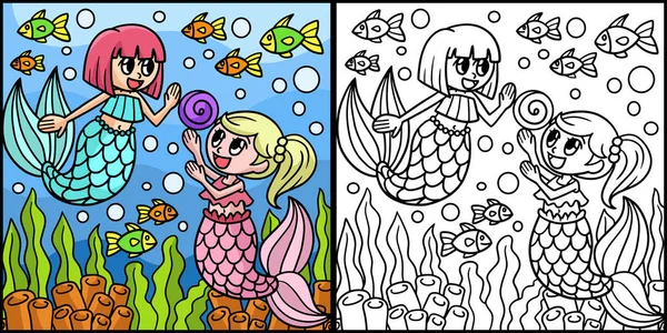 Diese Malseite Zeigt Eine Spielende Meerjungfrau Eine Seite Dieser Illustration — Stockvektor