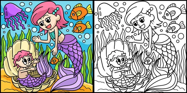 Cette Page Colorier Montre Une Sirène Avec Bébé Côté Cette — Image vectorielle