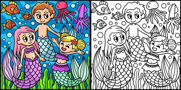Diese Malseite Zeigt Eine Meerjungfrauen Familie Eine Seite Dieser Illustration — Stockvektor