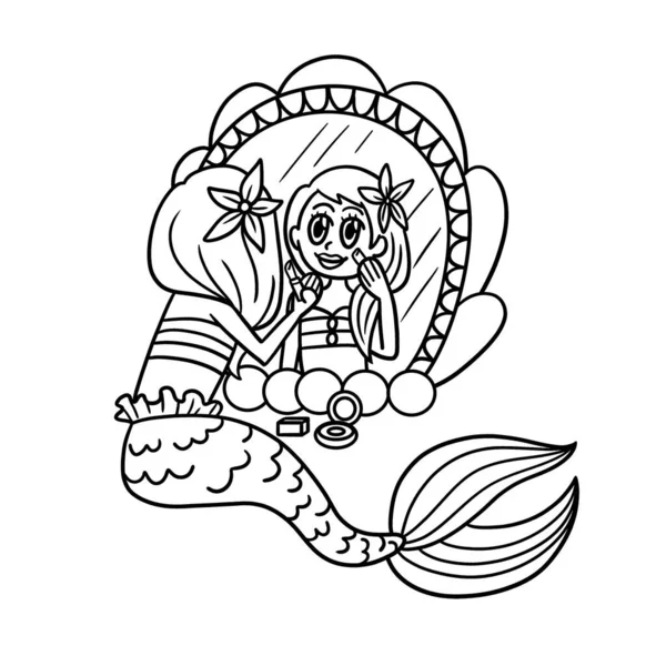 Cute Funny Coloring Page Mermaid Sitting Front Mirror Provides Hours — Vector de stock