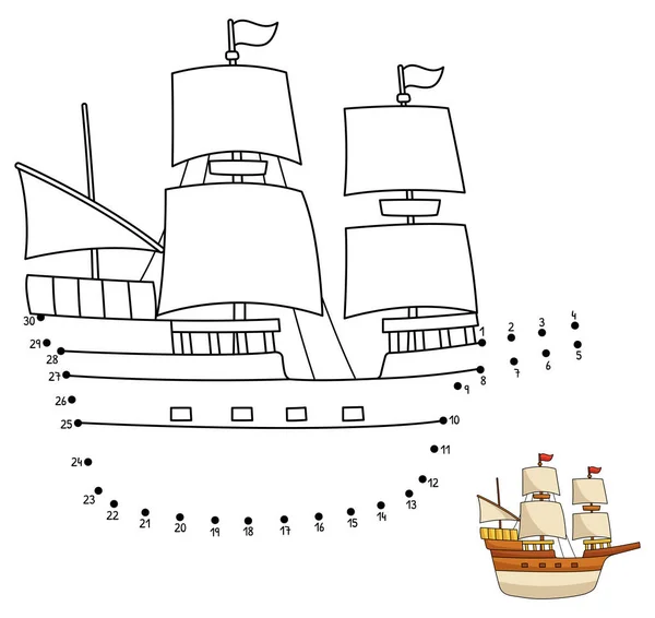 Cute Funny Connect Dots Coloring Page Pilgrim Boat Provides Hours — Stock Vector