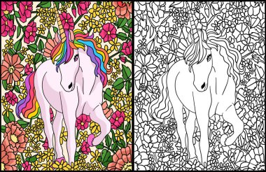 This coloring page shows a Unicorn Flowers. One side of this illustration is colored and serves as an inspiration for children. clipart