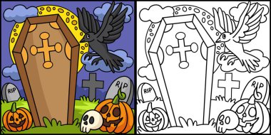 Bu renkli sayfa mezarlıktaki bir kargayı gösteriyor. Bu illüstrasyonun bir tarafı renkli ve çocuklar için bir ilham kaynağı..