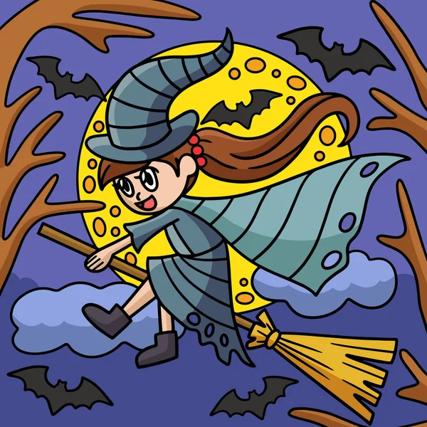 Karikatür Süpürge Çizimine Binen Bir Cadıyı Gösteriyor — Stok Vektör