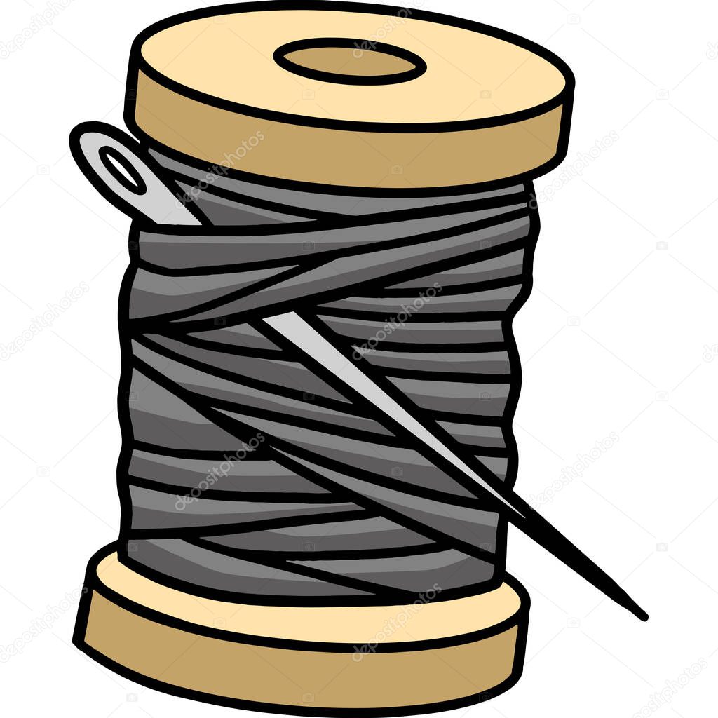This cartoon clipart shows a thread spool with a needle illustration.