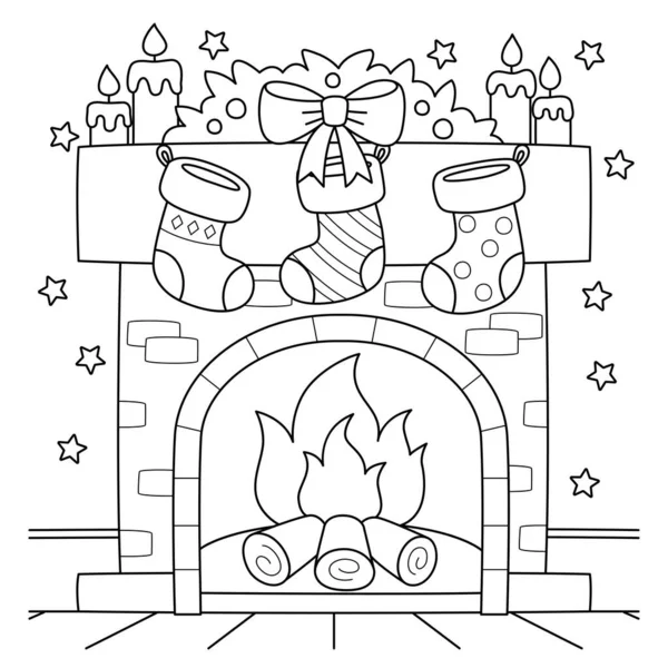 一个有长袜的圣诞壁炉的可爱有趣的彩色页面 为孩子们提供几个小时的彩色娱乐 要配色 这一页很容易 适用于幼儿及幼儿 — 图库矢量图片