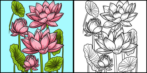 This coloring page shows a lotus flower. One side of this illustration is colored and serves as an inspiration for children.
