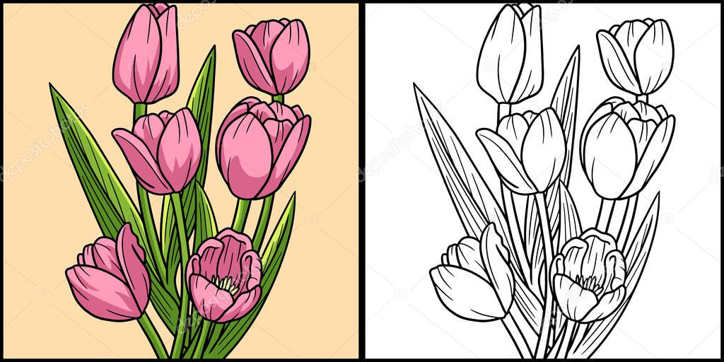 This coloring page shows a tulip flower. One side of this illustration is colored and serves as an inspiration for children.