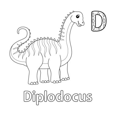 Bu ABC vektör resmi bir Diplodocus boyama sayfasını gösteriyor. Beyaz bir arka planda izole edilmiştir. Çocuklar ve ilkokul öğrencilerinin alfabeyi ve harfleri öğrenmesi için mükemmel..