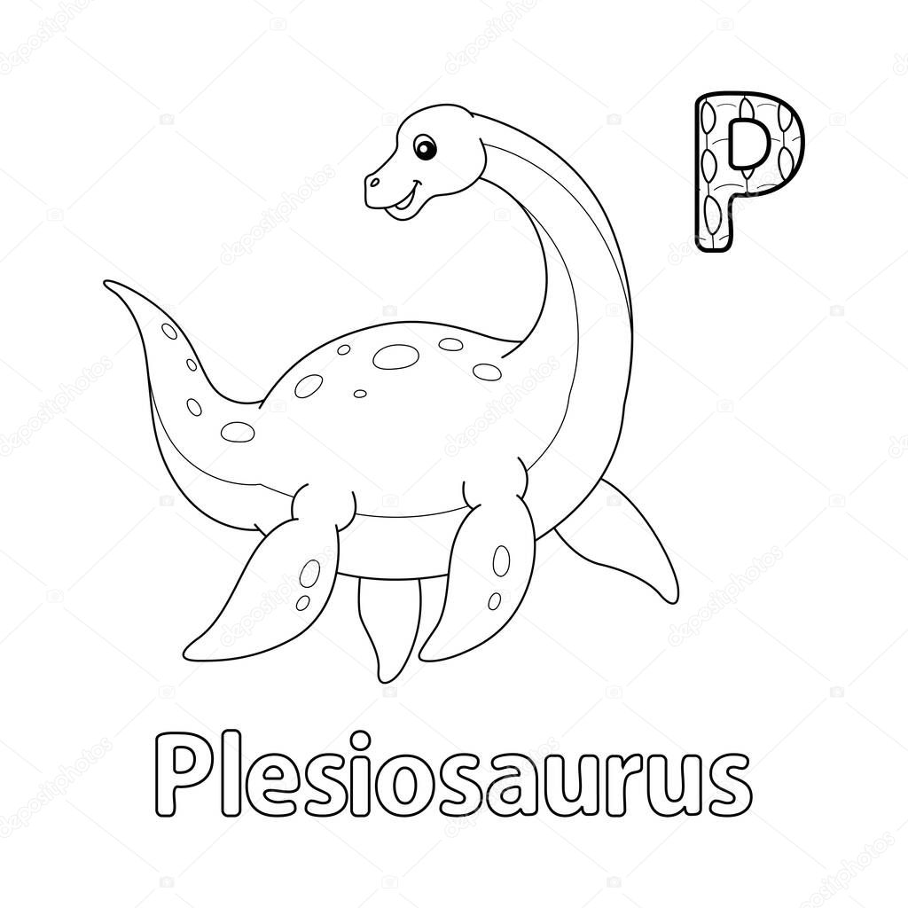 This ABC vector image shows a Plesiosaurus coloring page. It is isolated on a white background. Perfect for children and elementary school students to learn the alphabet and all its letters.