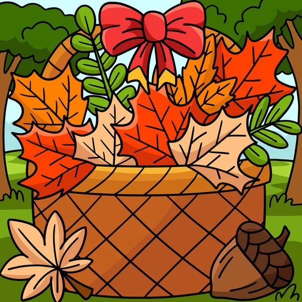 Cartoon Clipart Shows Thanksgiving Basket Autumn Leaves Illustration — Stock Vector