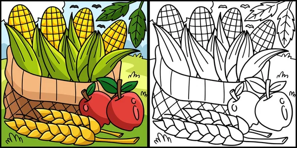 Этой Раскраске Изображена Кукуруза Урожая Одна Сторона Этой Иллюстрации Окрашена — стоковый вектор