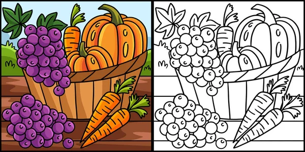 Coloring Page Shows Harvest Fruits Vegetables One Side Illustration Colored — ストックベクタ