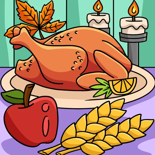 Cartoon Clipart Shows Thanksgiving Dinner Turkey Meal Illustration — Stockový vektor