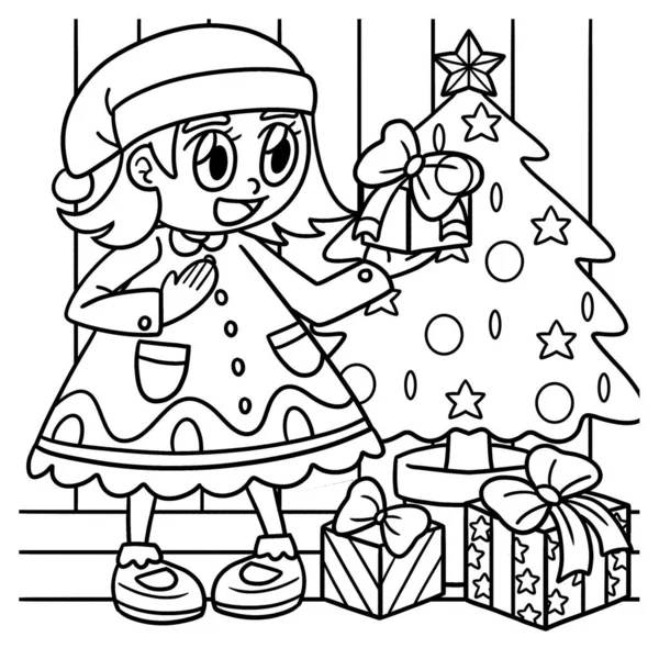 Cute Funny Coloring Page Girl Gift Christmas Tree Provides Hours — Stock Vector