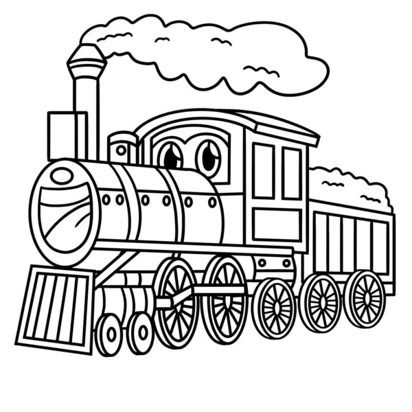 Eine Süße Und Lustige Malseite Einer Dampflokomotive Mit Dem Gesicht — Stockvektor