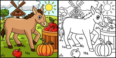Bu boyama sayfasında bir eşek var. Bu illüstrasyonun bir tarafı renkli ve çocuklar için bir ilham kaynağı..