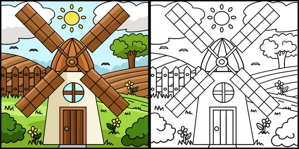 这个彩色的页面显示了一个风车 这个例子的一面是彩色的 对孩子们是一种启发 — 图库矢量图片
