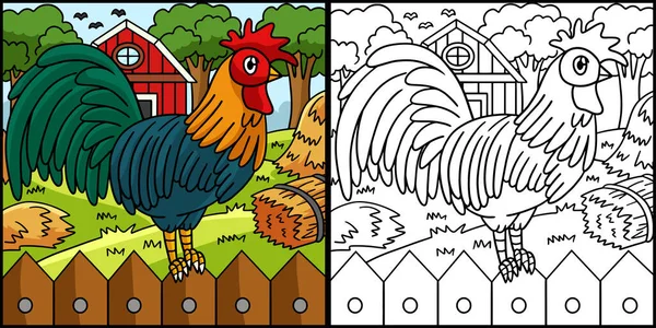 Esta Página Para Colorear Muestra Gallo Lado Esta Ilustración Color — Archivo Imágenes Vectoriales