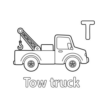 This ABC vector image shows a tow truck coloring page. It is isolated on a white background. Perfect for children and elementary school students to learn the alphabet and all its letters.