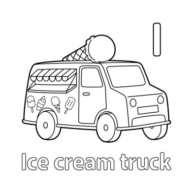 This ABC vector image shows an ice cream truck coloring page. It is isolated on a white background. Perfect for children and elementary school students to learn the alphabet and all its letters.