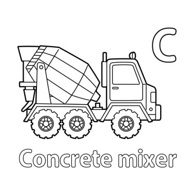 This ABC vector image shows a concrete mixer coloring page. It is isolated on a white background. Perfect for children and elementary school students to learn the alphabet and all its letters.
