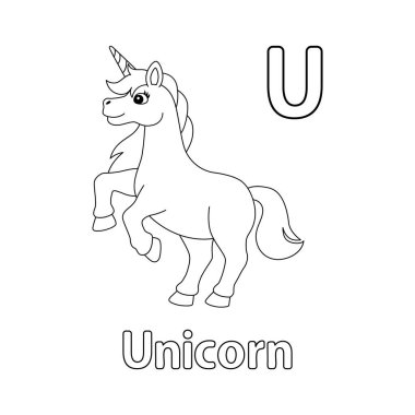 This ABC vector image shows a jumping unicorn coloring page. It is isolated on a white background. Perfect for children and elementary school students to learn the alphabet and all its letters.
