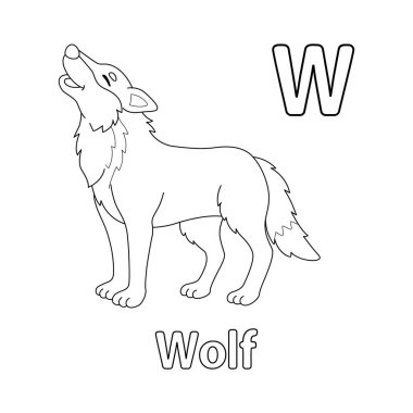 This ABC vector image shows a wolf coloring page. It is isolated on a white background. Perfect for children and elementary school students to learn the alphabet and all its letters.
