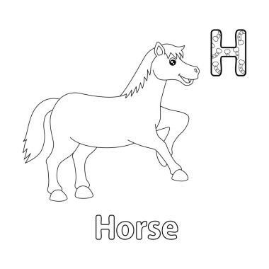 This ABC vector image shows a jumping horse coloring page. It is isolated on a white background. Perfect for children and elementary school students to learn the alphabet and all its letters.