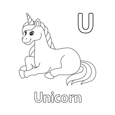 This ABC vector image shows a layiing unicorn coloring page. It is isolated on a white background. Perfect for children and elementary school students to learn the alphabet and all its letters.