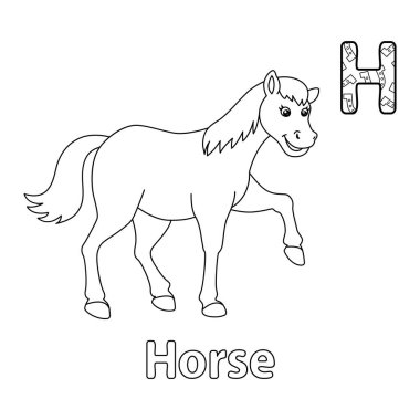 This ABC vector image shows a walking horse coloring page. It is isolated on a white background. Perfect for children and elementary school students to learn the alphabet and all its letters.