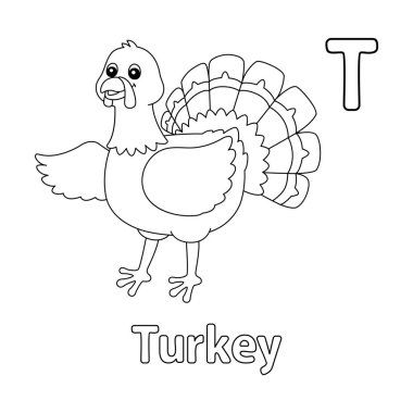 This ABC vector image shows a turkey coloring page. It is isolated on a white background. Perfect for children and elementary school students to learn the alphabet and all its letters.