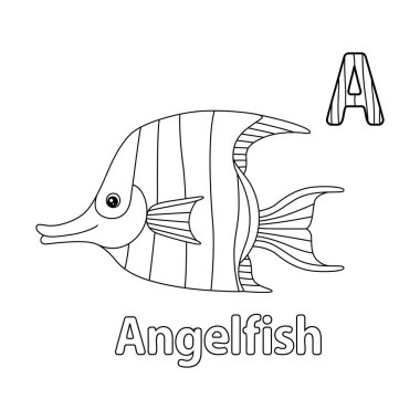 This ABC vector image shows an angelfish coloring page. It is isolated on a white background. Perfect for children and elementary school students to learn the alphabet and all its letters.