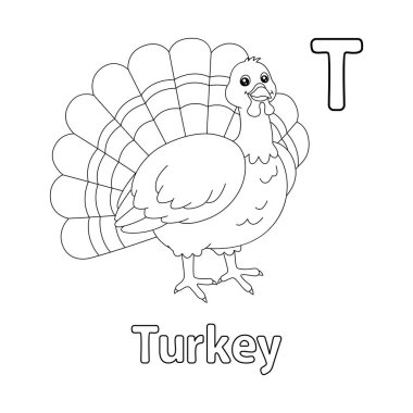 This ABC vector image shows a turkey coloring page. It is isolated on a white background. Perfect for children and elementary school students to learn the alphabet and all its letters.