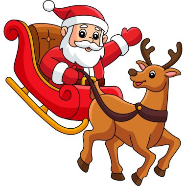 This cartoon clipart shows a Christmas Santa Sleigh And Reindeer illustration.