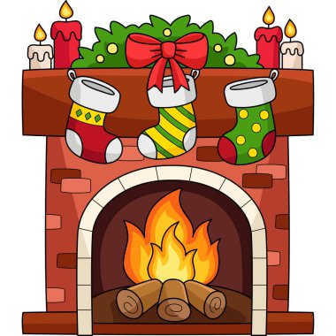 This cartoon clipart shows a Christmas Fireplace with Stocking illustration.