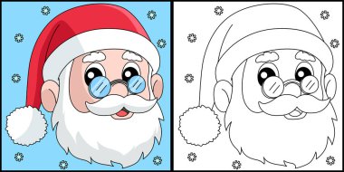 This coloring page shows a Christmas Santa Head. One side of this illustration is colored and serves as an inspiration for children.