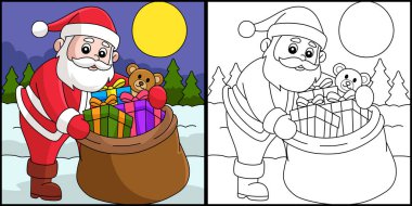 This coloring page shows a Christmas Santa Claus With Bag. One side of this illustration is colored and serves as an inspiration for children.