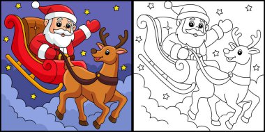 This coloring page shows a Christmas Santa Sleigh And Reindeer. One side of this illustration is colored and serves as an inspiration for children.